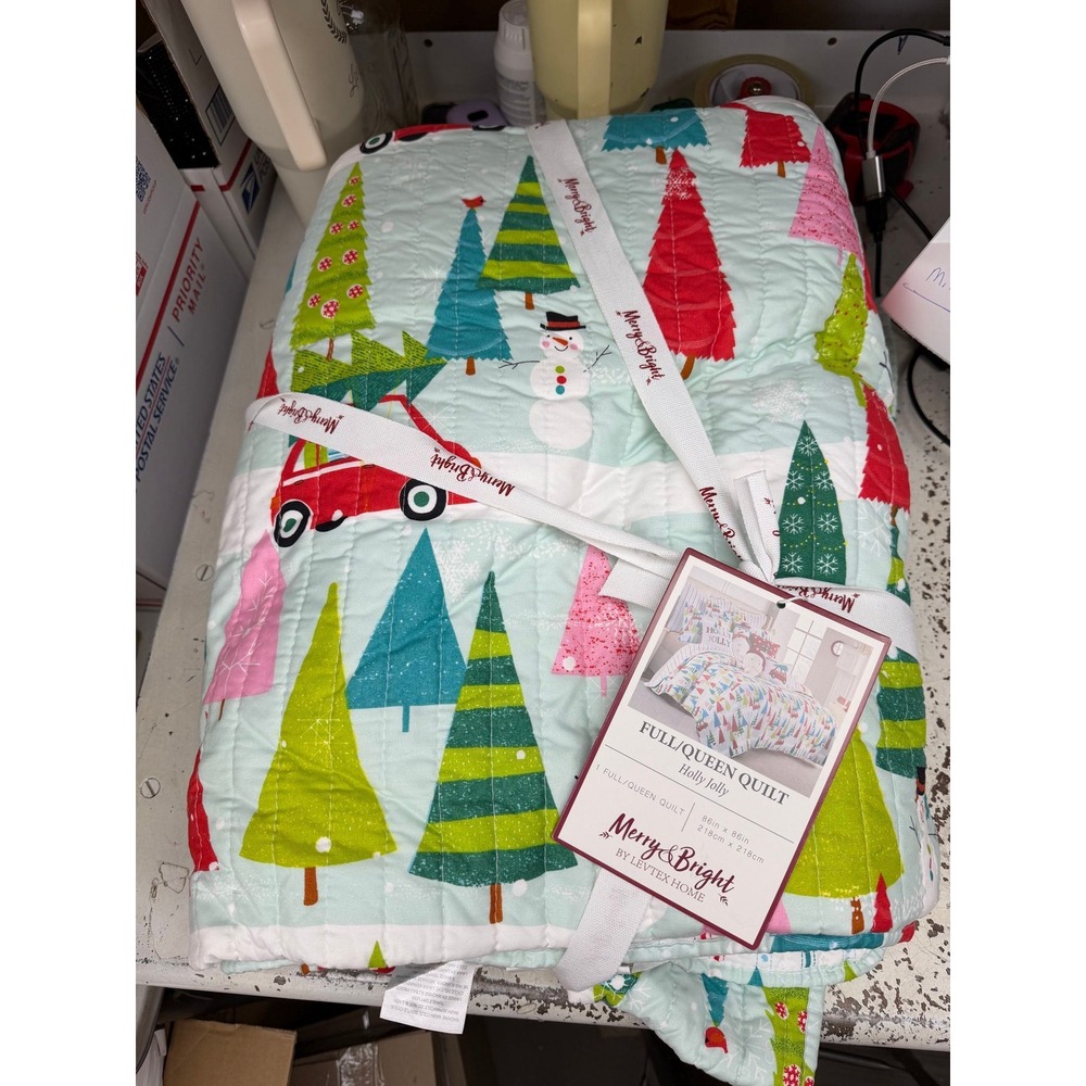 #142 Merry & Bright Home Holly Jolly Christmas Quilt Full Queen Red Truck Tree